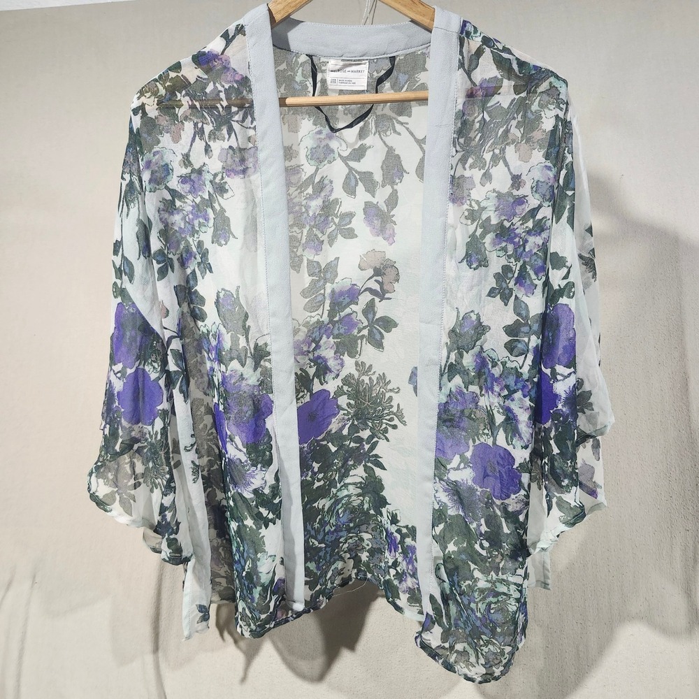 Melrose and Market Floral Sheer Kimono Wrap White Purple Green One Size Boho